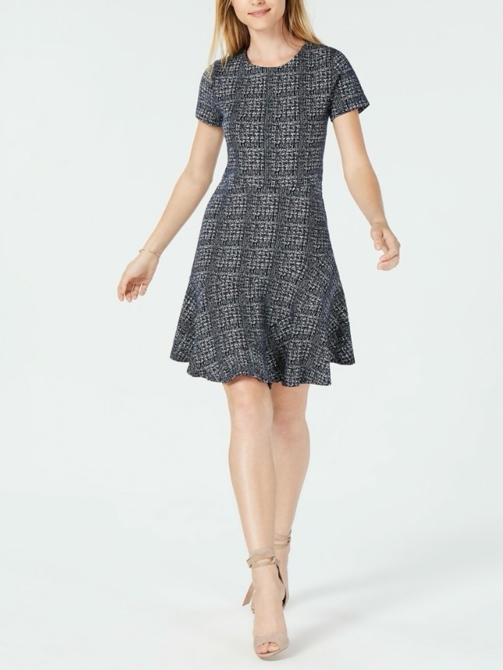 Navy Tweed Short-Sleeve Fit-and-Flare Mini Dress